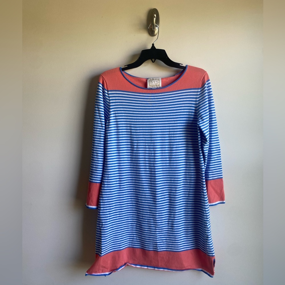 Sail to Sable Coral and Blue Striped Sweater Dress, Size Large